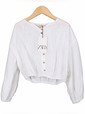 Zara White Linen Cropped Button-Front Top